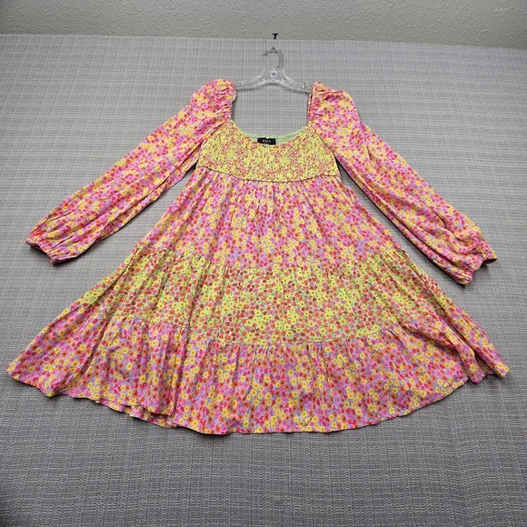 Vici Dresses & Skirts - VICI Dress Womens Small Multicolor Floral Smocked Long Sleeve Boho Trapeze Swing